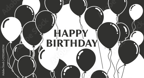 Happy birthday celebration with black and white balloons