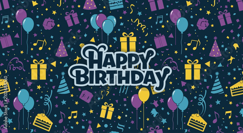 Festive happy birthday background with balloons gifts and confetti