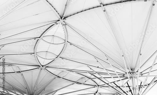 Foto A tensile architectural roof structure captured from below, showing who studies modern engineering forms and why this moment reveals lines and patterns shaping contemporary public space design