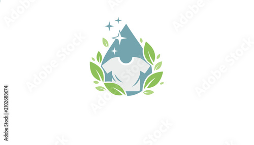 Eco friendly laundry service logo features a clean t-shirt inside a water droplet surrounded by fresh green leaves.