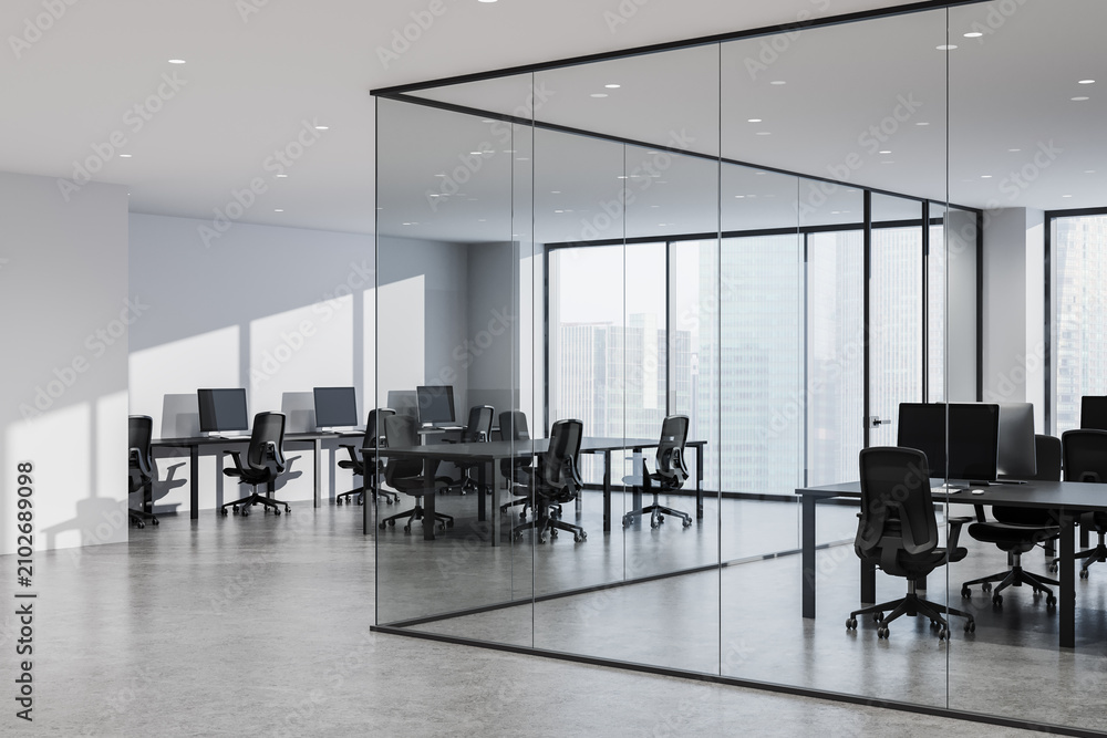 Naklejka premium Modern open-plan corporate office interior featuring glass-partitioned meeting space, sleek workstations, panoramic city skyline views and minimalist design. 3D Rendering
