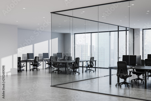 Modern open-plan corporate office interior featuring glass-partitioned meeting space, sleek workstations, panoramic city skyline views and minimalist design. 3D Rendering