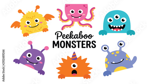 Tableau sur toile Monster character vector illustration set featuring cute colorful peekaboo aliens with horns, tentacles and funny faces