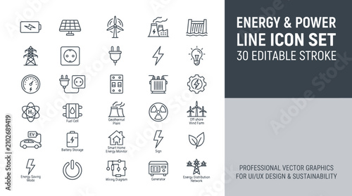 Принти на полотні Energy and Power Line Icons – Editable Stroke Set