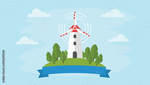 Eco friendly wind turbine mill on a green hill with trees under blue sky with copy space blue ribbon banner.