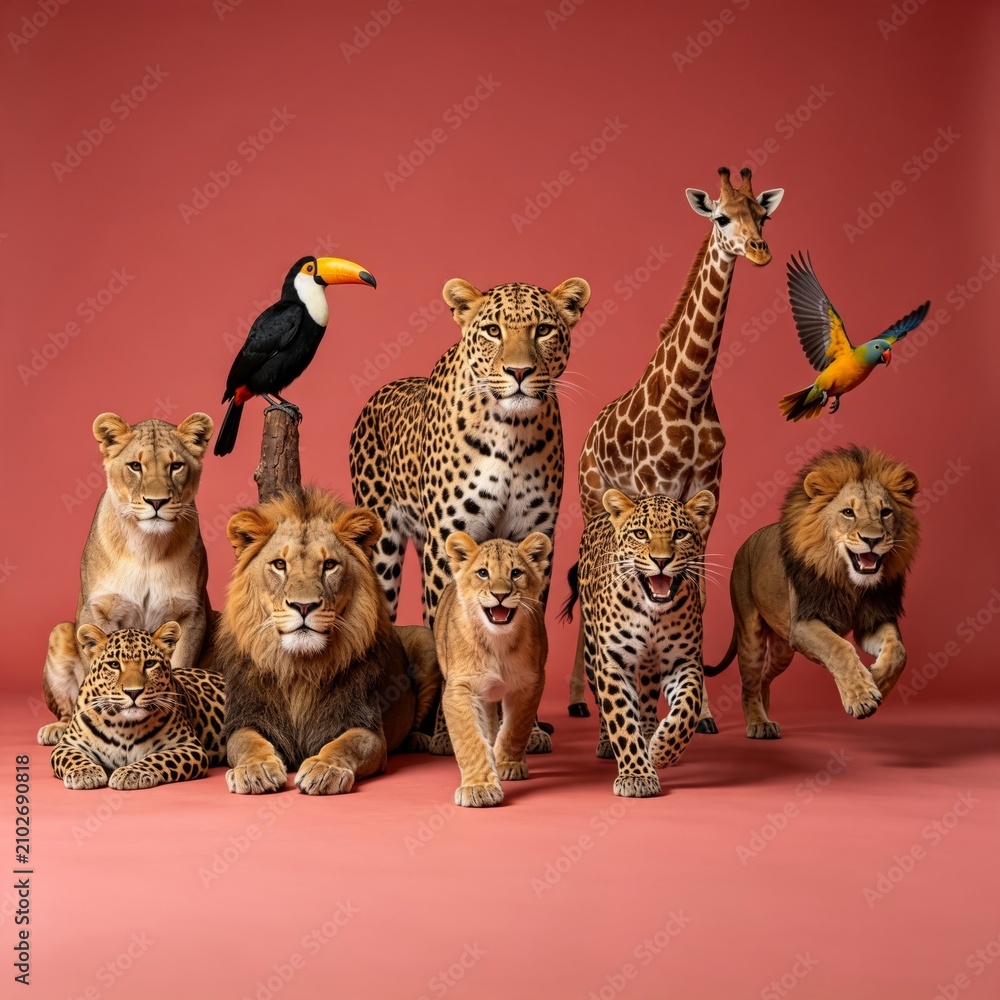 Obraz premium Toucan Giraffe Lions Leopards and Cubs on Coral Red Studio Background