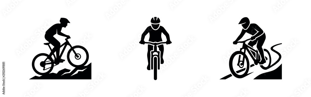 Fototapeta premium Mountain Biker Icon Set. Black silhouettes of cyclists riding off-road, perfect for sports and adventure themes.