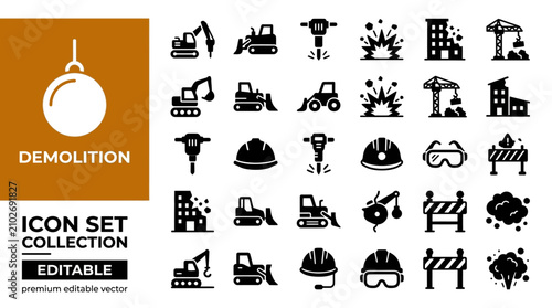 Tableau sur toile Building demolition equipment and heavy machinery icon set