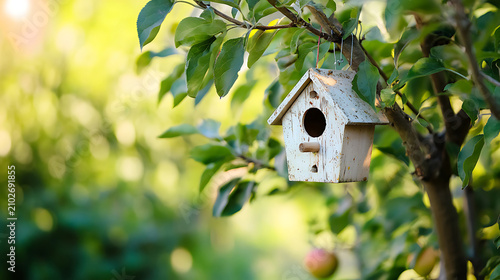 Charming wooden birdhouse hanging from a leafy tree branch bathed in warm sunlight.