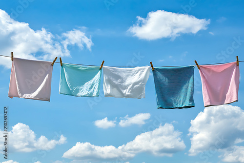 Clothes drying on a clothesline beneath a blue sky with soft white clouds.