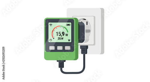 Smart Electricity Usage Monitor and Energy Meter Plugged into Wall Outlet for Power Efficiency Management. Flat Vector Illustration on White Background.