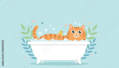 Adorable orange tabby cat relaxing and taking a warm bubble bath in a classic white tub with a yellow rubber duck.