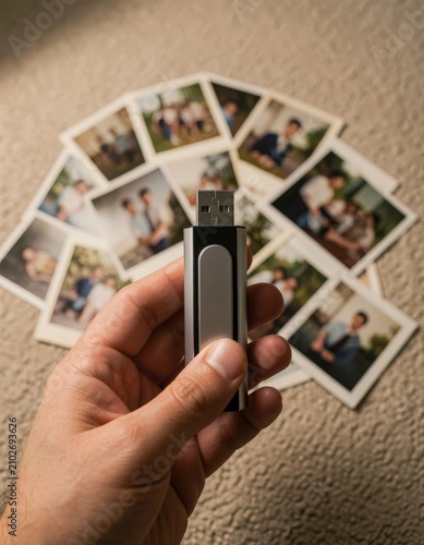 Hand holding a metal flash drive with family memories instant printed photos in the background