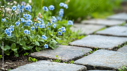 Stone pathway lined with delicate blue forget me not flowers in a lush garden setting.