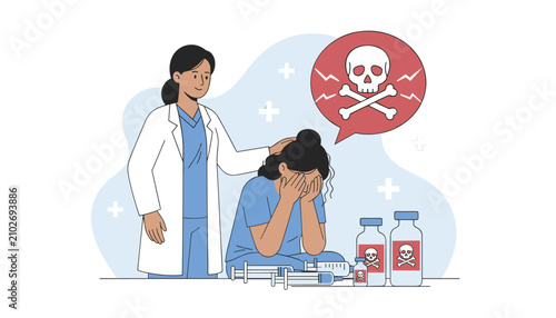 Compassionate doctor comforting a stressed nurse crying at her desk next to hazardous syringes and skull bottles.