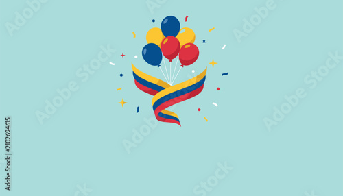 Colorful celebratory balloons decorated with patriotic flag ribbon of yellow, blue, and red for national holiday.