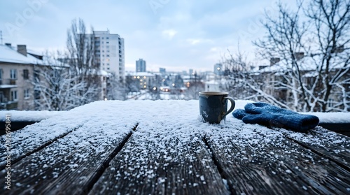 Winter morning coffee with city view cozy scene on a snowy balcony with warm beverage