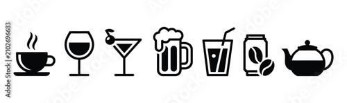 Beverage icon set, coffee mug, teacup, wine glass, martini, beer stein, soda can, teapot and coffee beans, simple black silhouette vector illustration.