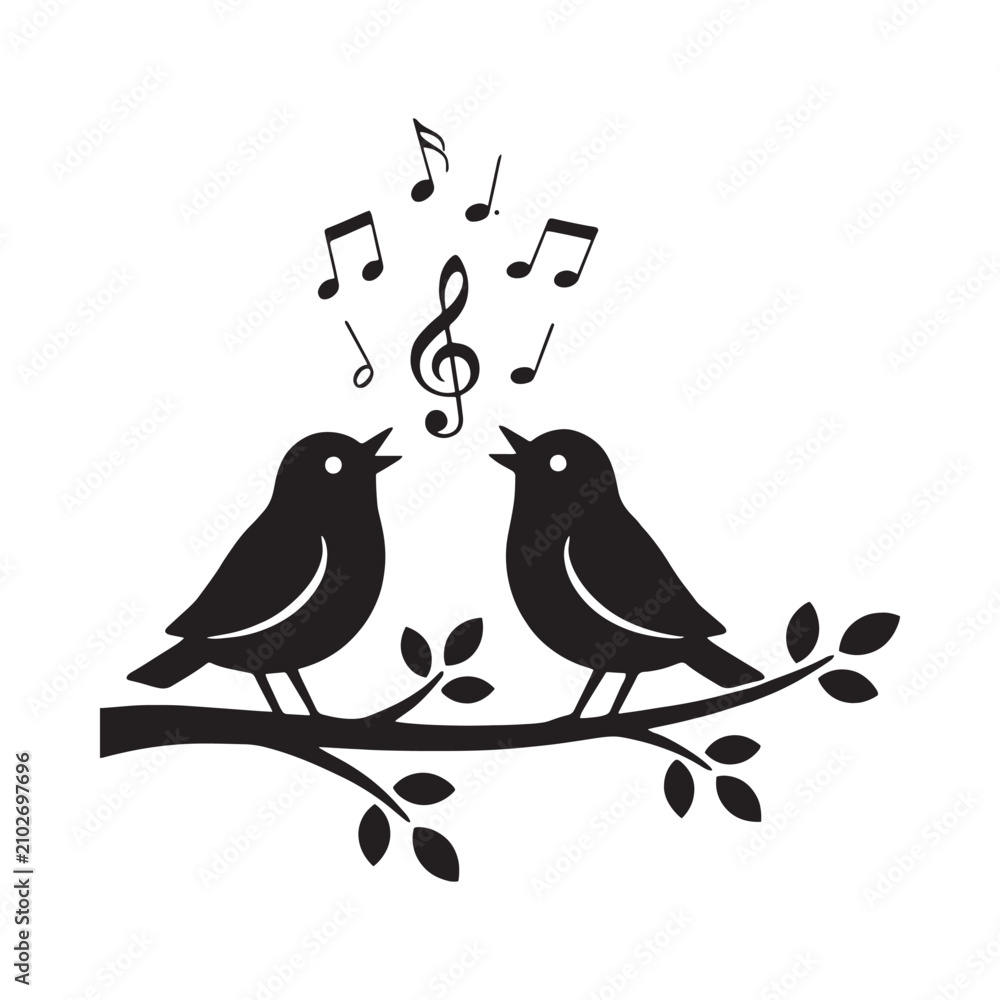 Fototapeta premium Birds On Branch Silhouette With Musical Notes Black And White