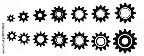 Fotografie Gear icon set, black sprocket wheel symbols in various sizes and tooth counts, vector illustration for industrial machinery, engineering, clockwork and technical processes
