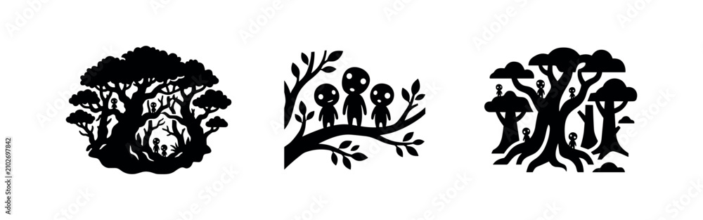 Fototapeta premium Enchanting Kodama Tree Spirits in Forest Silhouettes Set