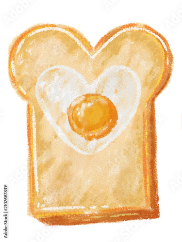 Hand Painted Toast with Heart Shaped Fried Egg Watercolor Illustration 