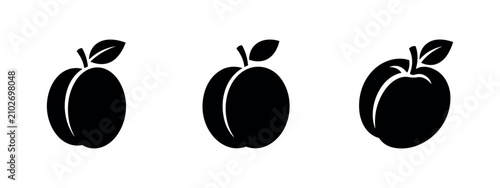 фотографія Set of plum fruit icons, whole plums with leaves in different styles, black and white vector illustration
