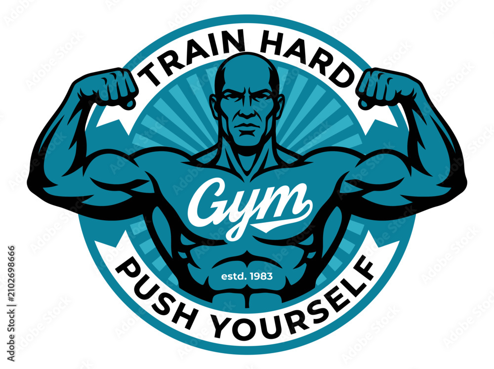 Obraz premium Vintage Gym Logo Featuring Muscular Bodybuilder Flexing and Motivational Text