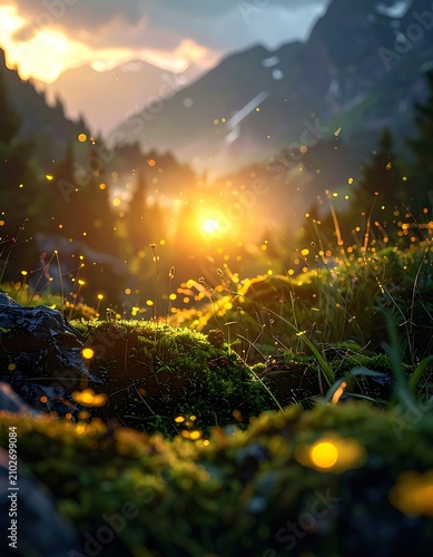 Sunset over mountains with fireflies.