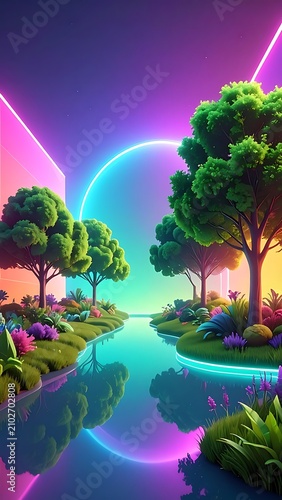 Vibrant neon-lit futuristic landscape with trees.