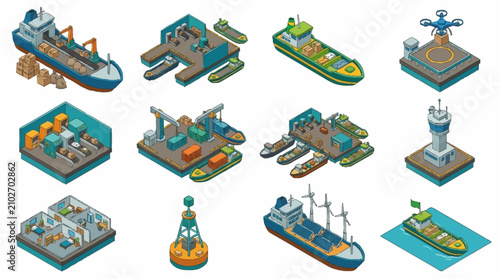 Foto Colorful isometric illustrations of various ships and boats.