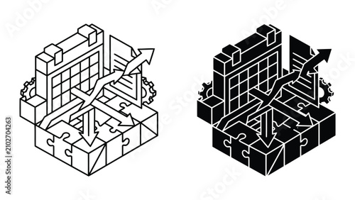 Business strategic development puzzle pieces and growth arrows with calendar
