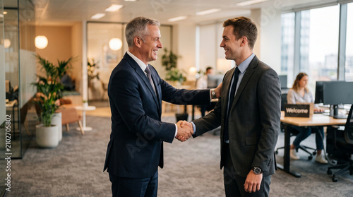 Senior executive welcoming new employee with handshake in contemporary office environment.