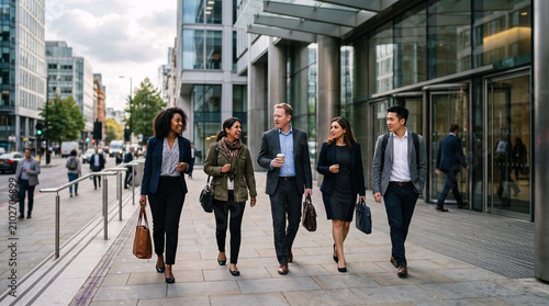International group of business colleagues walking on city sidewalk near glass building.