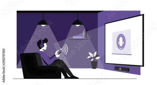 Smart Home Entertainment Concept: Man Casting Video from Smartphone to Large Screen TV in Modern Living Room Illustration