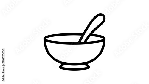 Simple black and white line icon of a bowl with a spoon