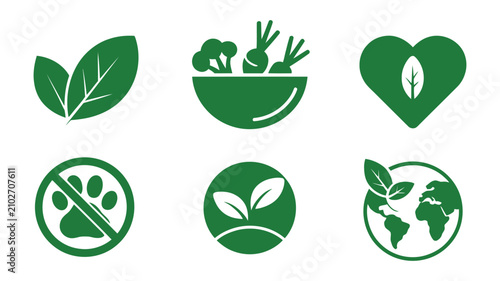 Vegan icon set, green plant based symbols for eco friendly products, cruelty free labels, healthy organic food and sustainable lifestyle concepts.