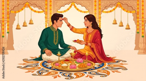 Vibrant vector illustration of a sister applying tilak to her brother during the traditional Indian festival of Bhai Dooj.
