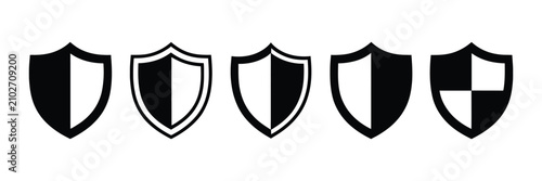 Shield icon set, modern black and white protection symbols with check mark and lock designs, vector illustration for security, privacy and safe access