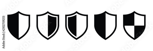Shield icon set, modern black and white protection symbols with check mark and lock designs, vector illustration for security, privacy and safe access