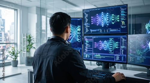 Professional AI developer monitoring complex neural networks on multiple screens in modern office, deep learning data analysis and artificial intelligence programming concept