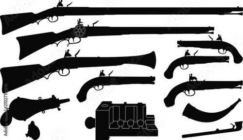 Foto Vintage antique firearms silhouette vector set featuring muskets flintlock pisto