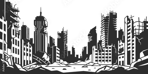 Fotografie Black and white illustration of a destroyed city with broken buildings and piles
