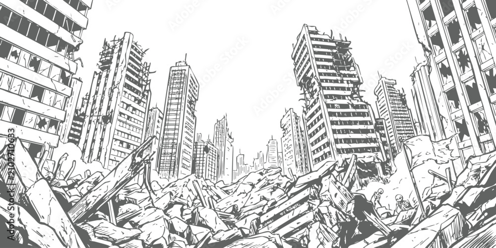 Fototapeta premium Ruined city with destroyed buildings and rubble after a disaster in a black and white sketch art style