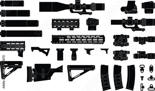 Canvas Print Black silhouette vector set of tactical weapon accessories, gun attachments, sco