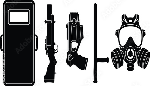 Foto Riot police equipment vector silhouette set with shield, baton, stun gun, and ga