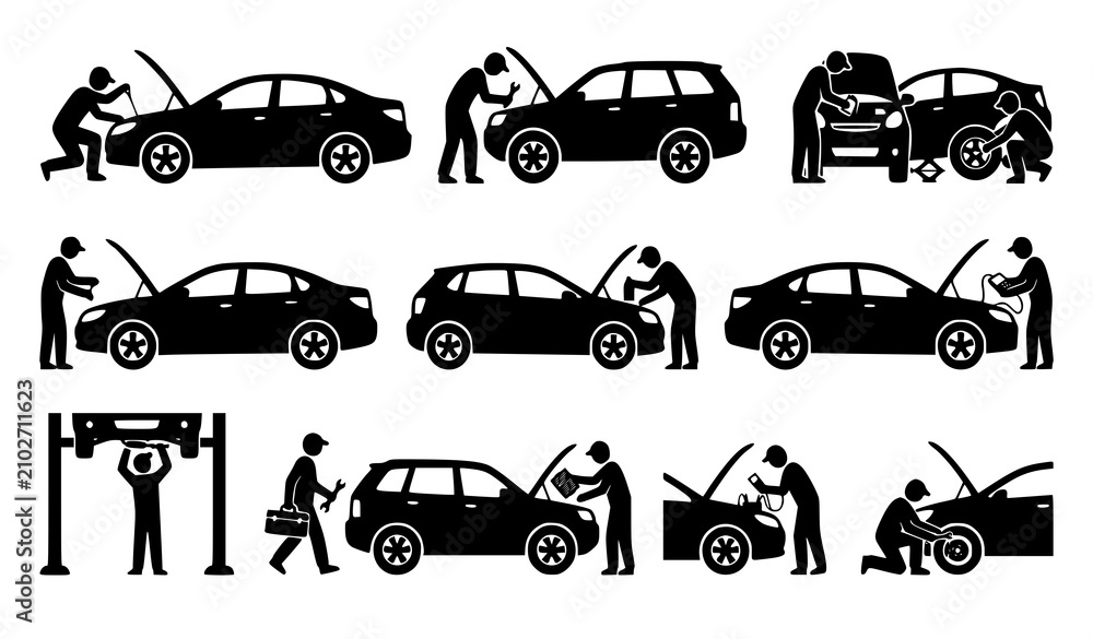 Fototapeta premium Automotive Mechanic Repair Silhouette Vector Icon Set