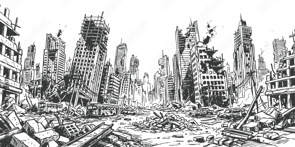 Fototapeta premium Black and white hand drawn sketch of a ruined city with destroyed buildings and debris in the street