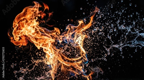 Dynamic Collision of Fire and Water in Dramatic Contrast.