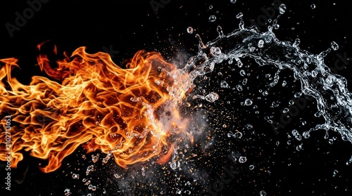Dynamic Contrast of Fire and Water Splashing Against Black Background.